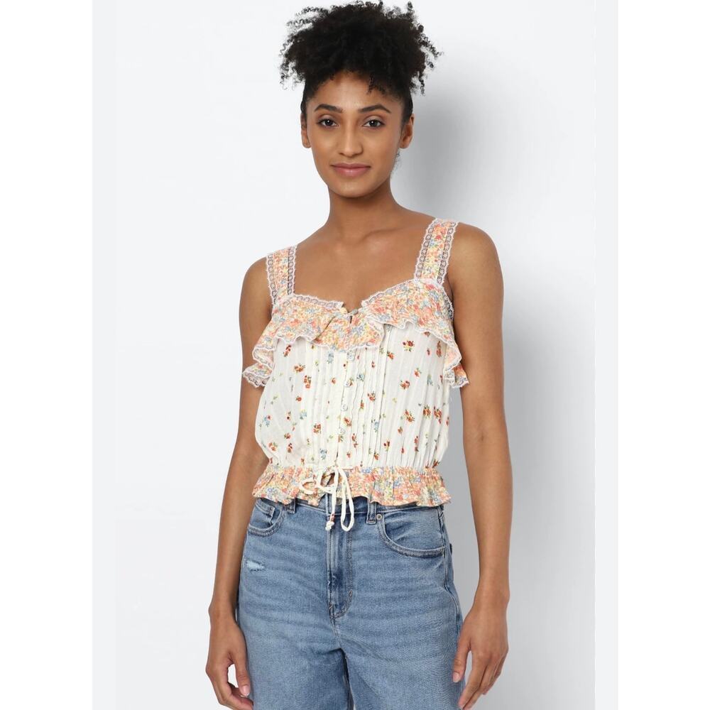 American Eagle Women's Cream Floral V-neck Cinch Cami, M